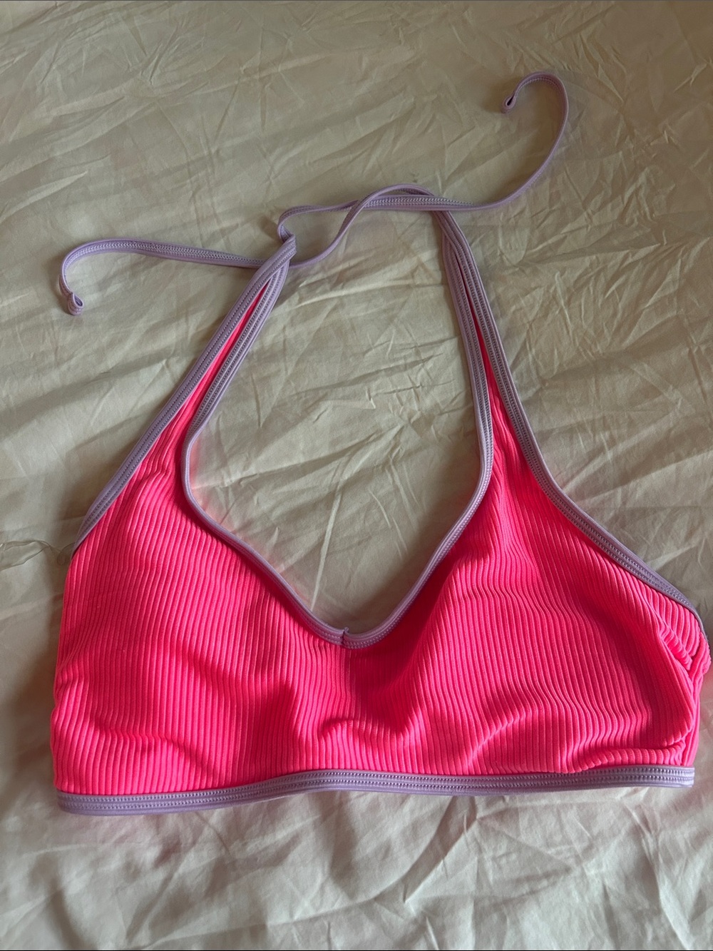 Hot Pink Ribbed Halter Bikini Top with Lavender Trim. Like new, only worn once.